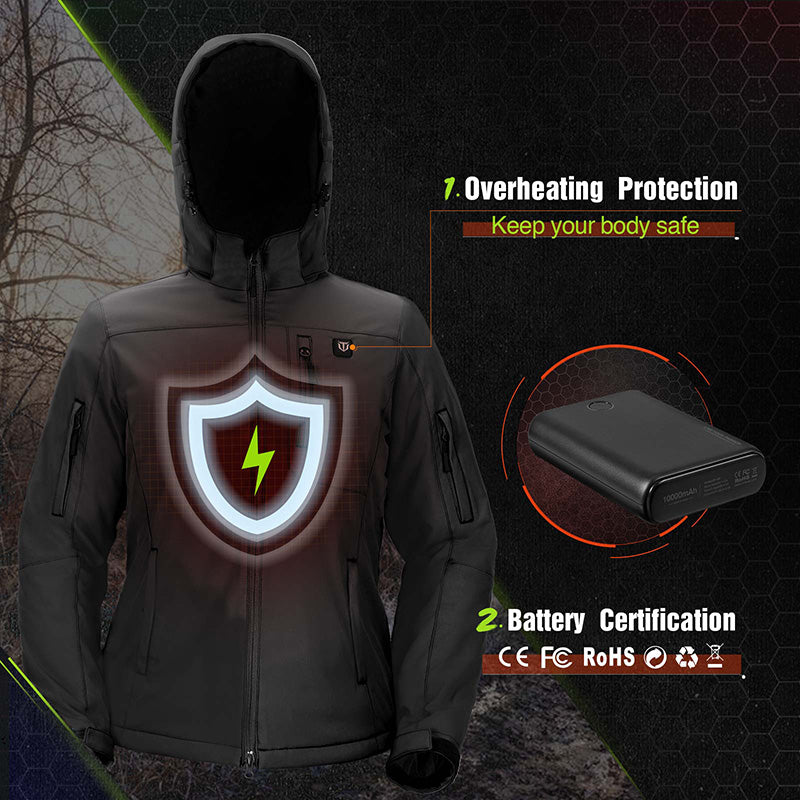 TideWe Men's Soft Shell Heated Jacket with Detachable Hood and Battery Pack - Image of a jacket with logo, shield, buttons, and lightning bolt details.