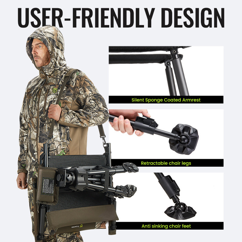 TideWe Heated Hunting Chair with person in camouflage holding camera and gun.