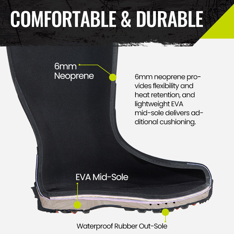 TideWe hunting boots for women, close-up view of a waterproof boot with anti-slip outsole and flexible neoprene material.