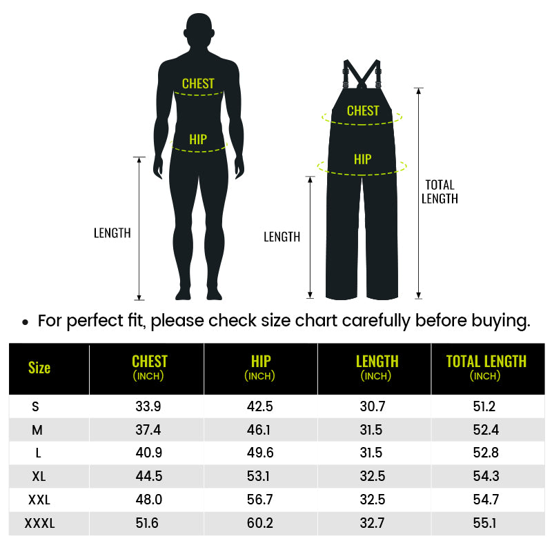 Men's insulated camo hunting bibs with battery, showing size chart, silhouette, and black pants with yellow text.