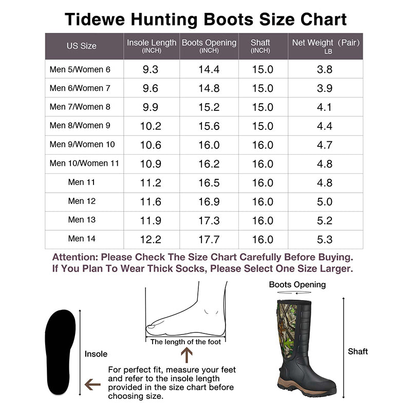 TideWe hunting boots size chart
