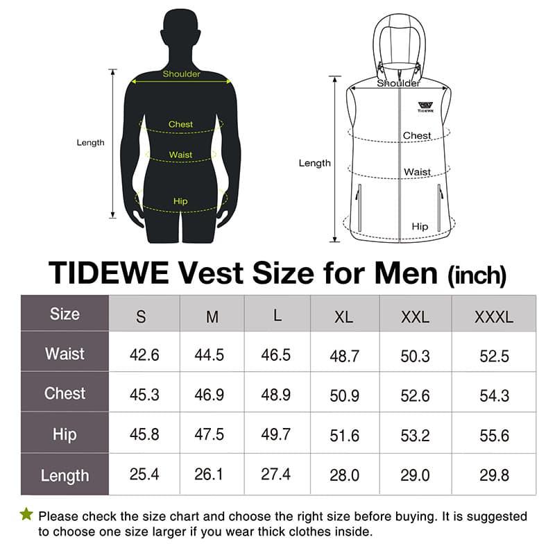 Man's waist size diagram, body silhouette, and vest diagram on TIDEWE Men's Heated Vest with Retractable Heated Hood and Battery Pack for Hunting/Hiking.