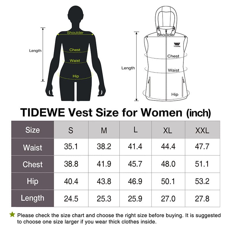 TIDEWE women's heated vest diagram with waist size, shirt, and body silhouette for outdoor warmth and comfort.