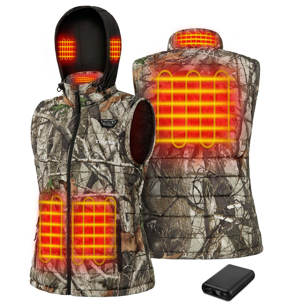 Tidewe Camo Women's Heated Vest with Retractable Heated Hood and Battery Pack