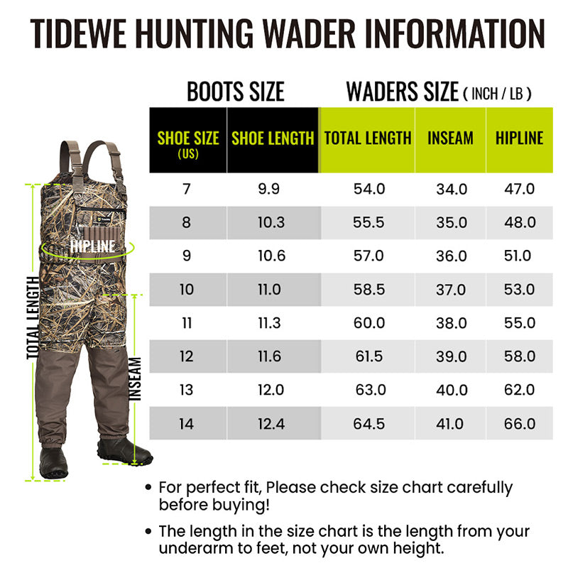 TideWe chest waders with size chart and camouflage shorts, insulated for warmth and waterproof for duck hunting.