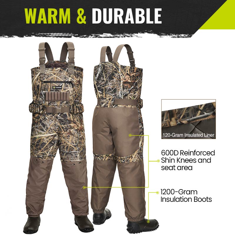 TideWe Breathable Insulated Chest Waders with Steel Shank Boots, a pair of camouflage overalls and close-up of pants.