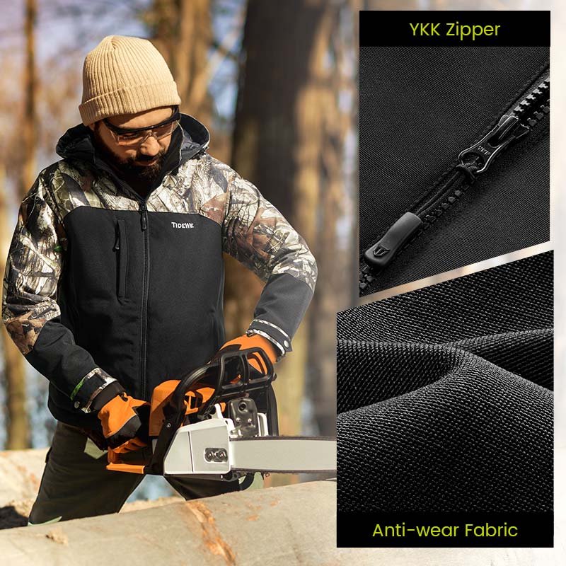 TIDEWE Men's Heated Work Jacket with a man using a chainsaw, showcasing durability and warmth for outdoor activities.