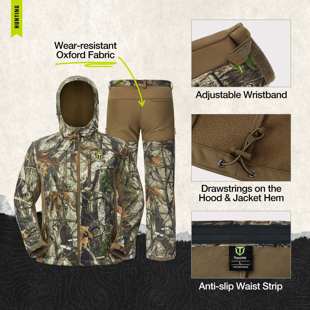 TideWe Men's Hunting Clothes: Camo jacket, pants, and bag with 9 pockets, fleece lining, and adjustable components for outdoor activities.