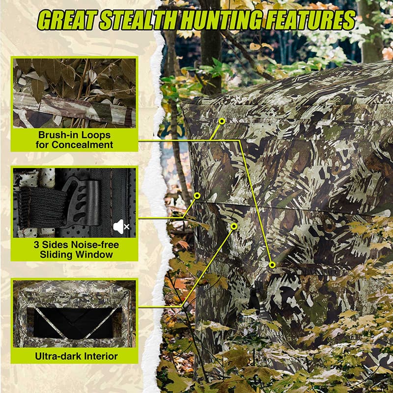 TideWe 4-6 Person Turkey Hunting Blind with See Through Camo Ground Blind, featuring noise-free fabric, silent sliding windows, and multifunctional 3-in-1 design.