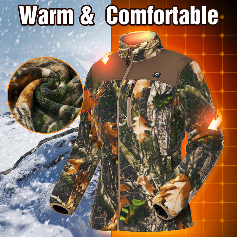 TIDEWE Women’s Heated Jacket Fleece with Battery Pack, Rechargeable Coat for Hunting - Camouflage jacket with close-up blanket texture.