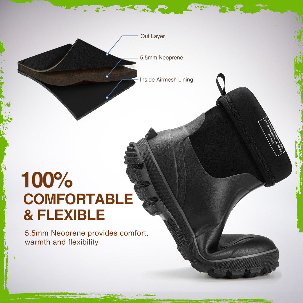 TideWe Rubber Boots for Men, Waterproof Neoprene Insulated Rain Boots, Mid Hunting Boots Outdoor Work Shoes: Black boot with strap and text overlay.