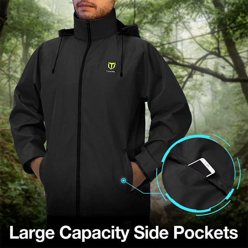  TideWe Rain Suit with phone in pocket, outdoors.