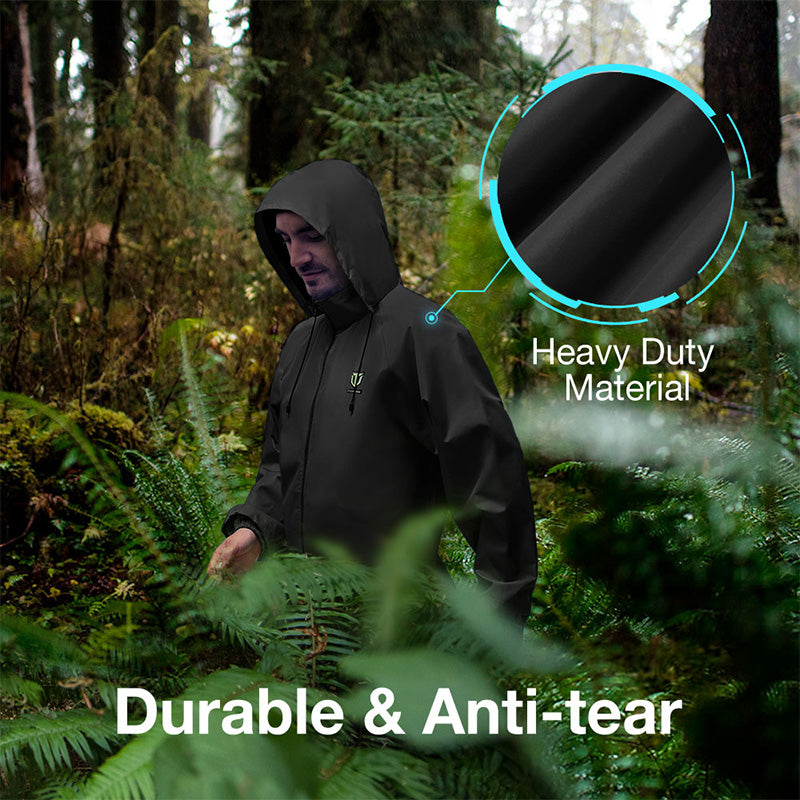 TideWe Rain Suit: Man in jacket in forest, black circle with blue circle. Outdoor, hiking, waterproof, breathable.