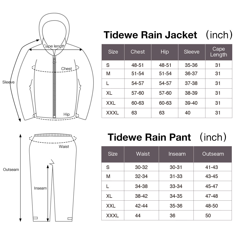 TideWe Rain Suit diagram showing size, measurements, hood, and details for a waterproof, breathable outdoor jacket and pants.