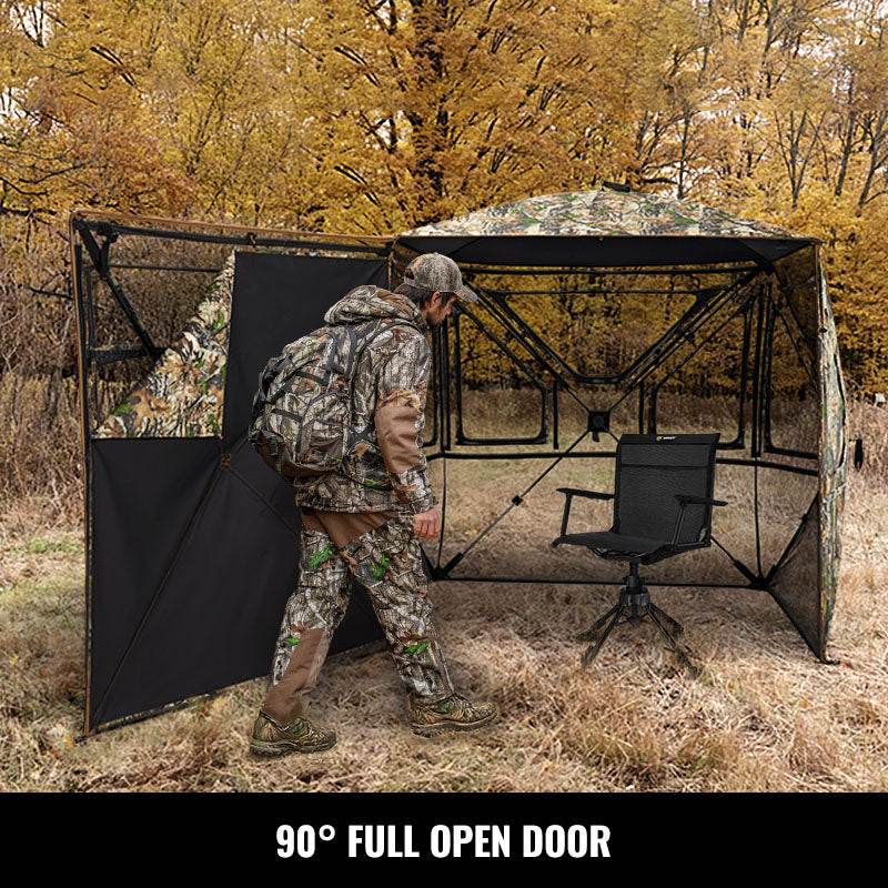Hunter entering a TIDEWE Vis360 see-through hunting blind through the full-open door