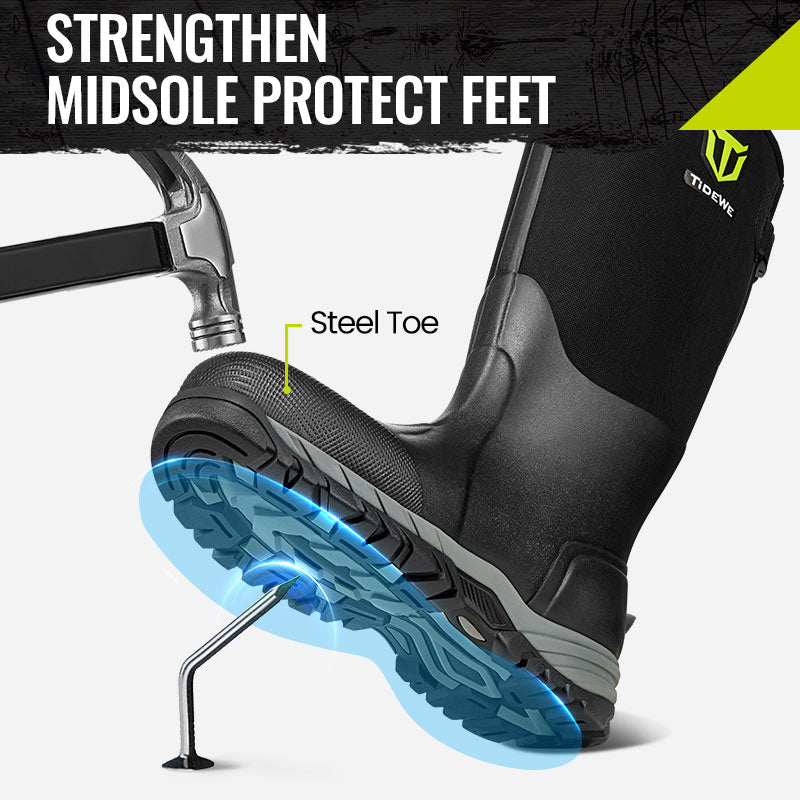 TIDEWE Work Boots with steel toe, shank, and hammer, puncture-proof, waterproof, anti-slip, and comfortable for men.