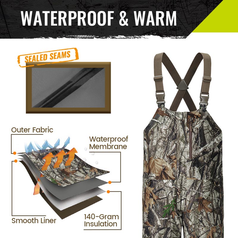 Men's insulated camo hunting bibs with battery, waterproof heated bib for outdoor warmth and comfort.