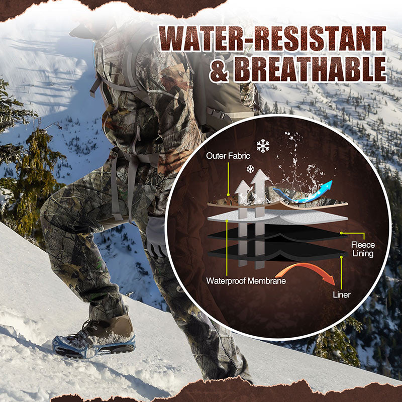 Person climbing a mountain in TideWe heated hunting pants with battery pack, adjustable heat settings, water-resistant finish, and user-friendly design.