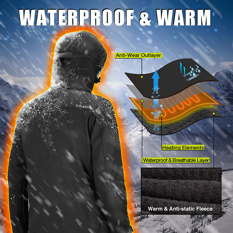 Men's Soft Shell Heated Jacket with Detachable Hood and Battery Pack, person in jacket with hood, layer of water diagram.