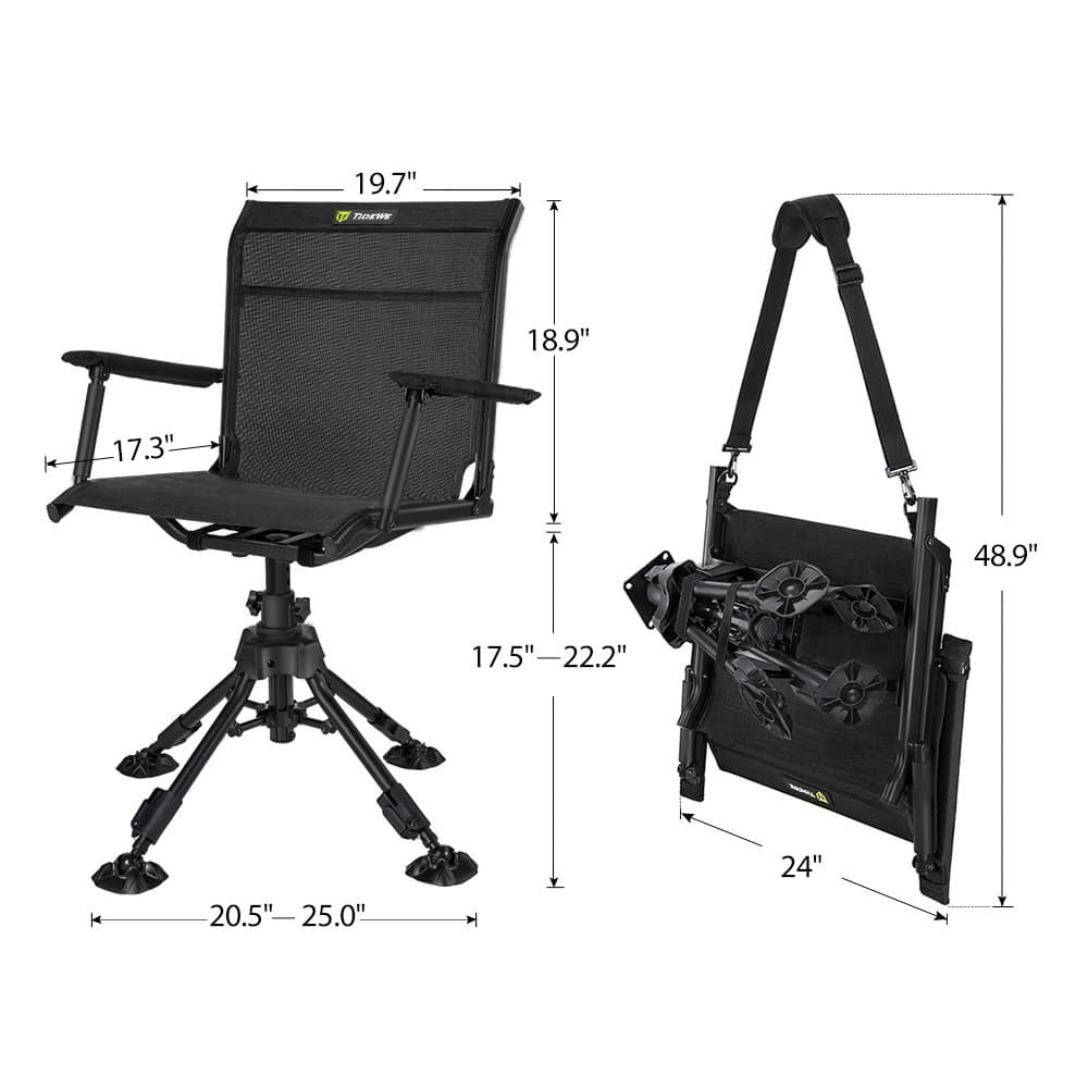 TideWe Hunting Chair with adjustable height, armrests, swivel feature, and straps, showing chair details and measurements.