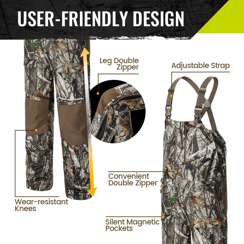 Men's insulated camo hunting bibs with battery, featuring close-up of pants, backpack, and user-friendly design details.