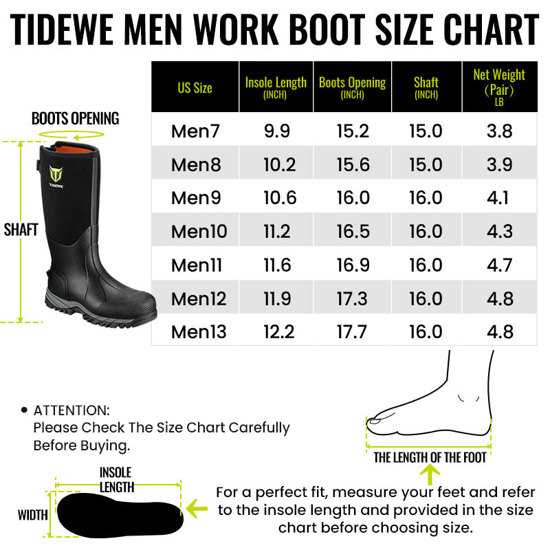 TIDEWE Work Boots with Steel Toe & Shank, Waterproof Rubber Boots for men, 6mm Neoprene Outdoor Boots, size chart and logo detail.