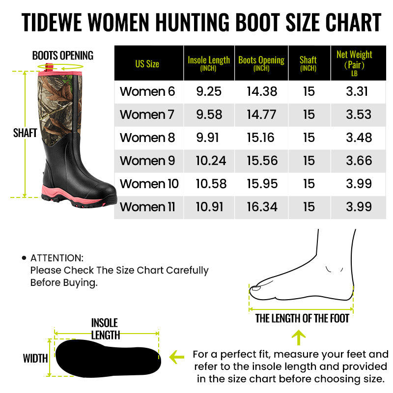 TideWe Hunting Boots for Women 15 - Chart showing boot sizes and close-up of boot for hunting trip comfort and protection.