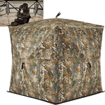 Camouflage hunting blind with see-through panels, accommodating 2-3 people, featuring noise-free sliding windows and durable design for various weather conditions.