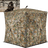 Camouflage hunting blind with see-through panels, accommodating 2-3 people, featuring noise-free sliding windows and durable design for various weather conditions.