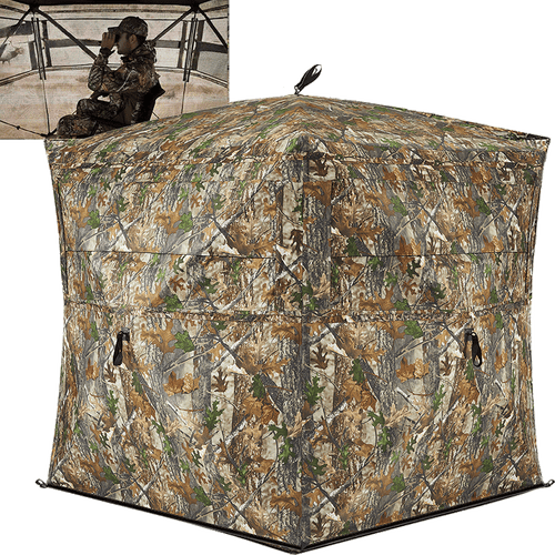 Camouflage hunting blind with see-through panels, accommodating 2-3 people, featuring noise-free sliding windows and durable design for various weather conditions.