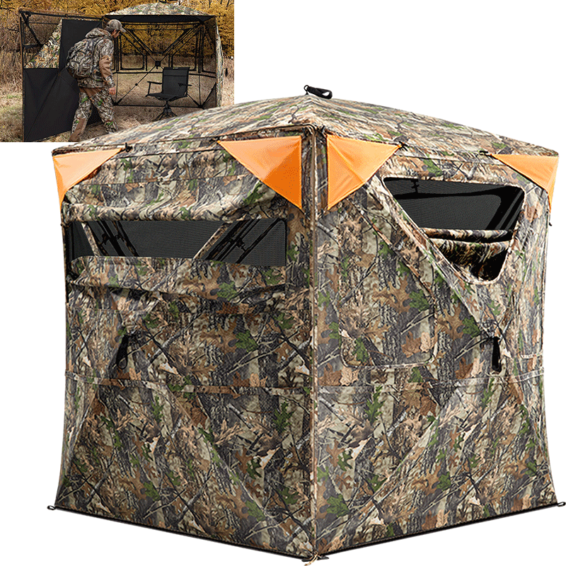 Camouflaged hunting blind with 160-square-inch detachable orange safety panels for gun hunting.