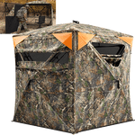 Camouflaged hunting blind with 160-square-inch detachable orange safety panels for gun hunting.