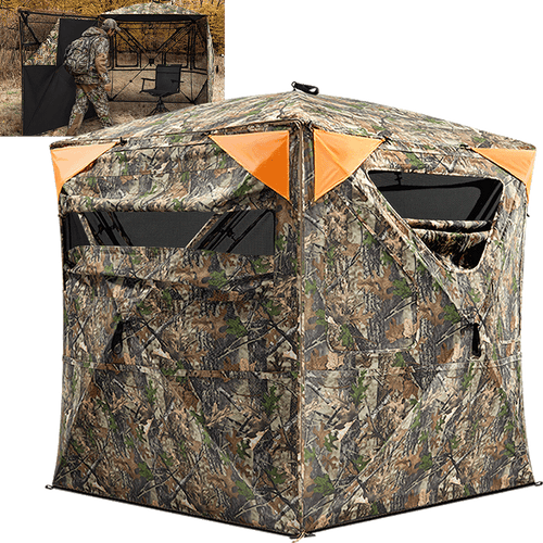 Camouflaged hunting blind with 160-square-inch detachable orange safety panels for gun hunting.
