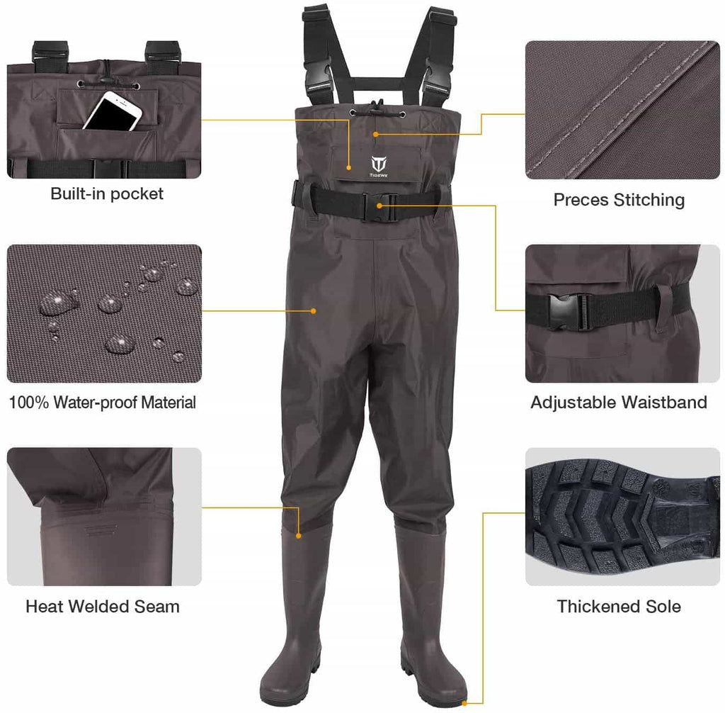 Brown Wader：TideWe Fishing Waders PVC Waterproof Chest Wader With Bootfoots: Close-up of suit, pants, phone in bag, shoe sole, belt, vest, cell phone, strap, and water droplets.