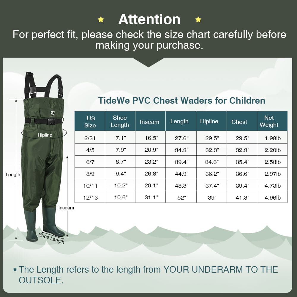 TideWe Chest Waders for Kids, Waterproof Fishing Youth Waders PVC Chest Waders with Boot Hanger - Size chart and pants close-up.