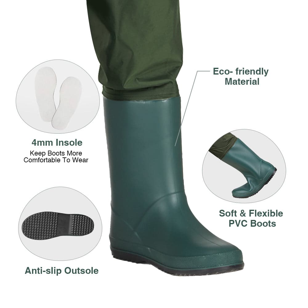 TideWe Chest Waders for Kids, Waterproof Fishing Youth Waders PVC Chest Waders with Boot Hanger: Close-up of rubber boot sole and white insole.