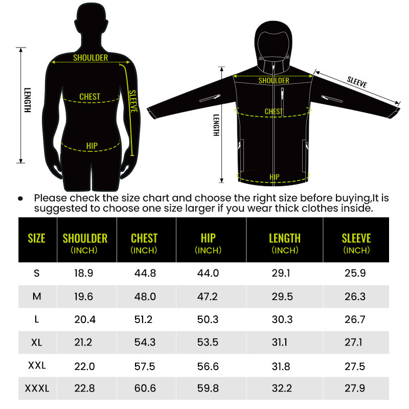 TideWe Men's Soft Shell Heated Jacket with detachable hood and battery pack, featuring measurements and a man's silhouette.