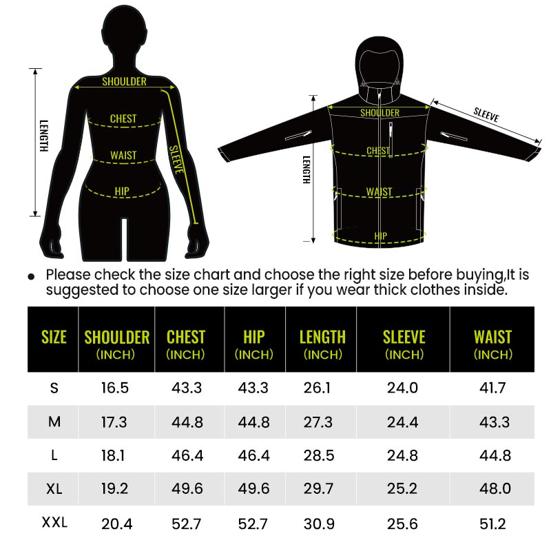 heated jacket size chart