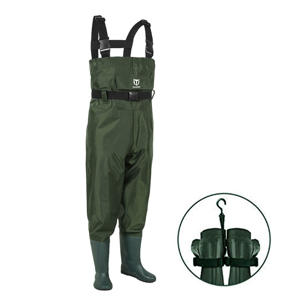 Ouzong Chest Waders for Kids, Lightweight Cleated Nylon and PVC Fishing Bootfoot Chest Waders for Boy and Girl, Army Green Waterproof Chest Waders for