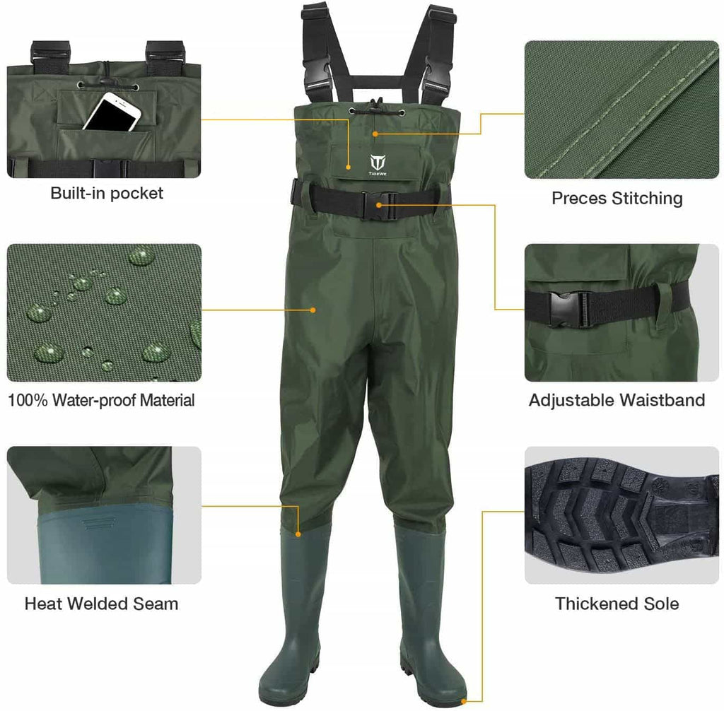 Green Wader：TideWe Fishing Waders with pants, phone in bag, shoe sole, fabric water droplets, belt on jacket, and straps.