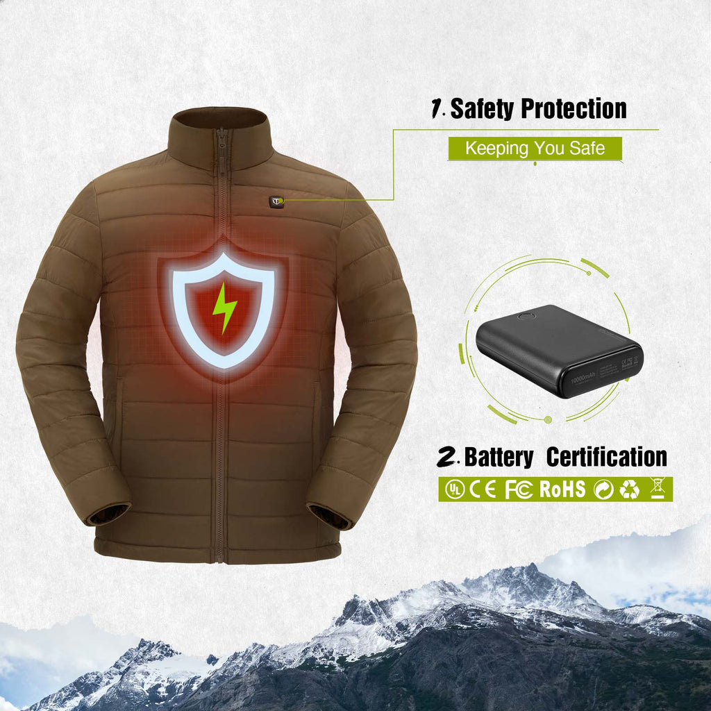 Men's 3-in-1 heated jacket with shield and lightning bolt, waterproof shell, fleece liner, and adjustable heat settings.