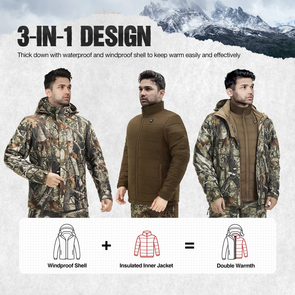 Men wearing TideWe 3-in-1 heated jacket, outdoor activities, waterproof shell, adjustable heat settings, long-lasting warmth.