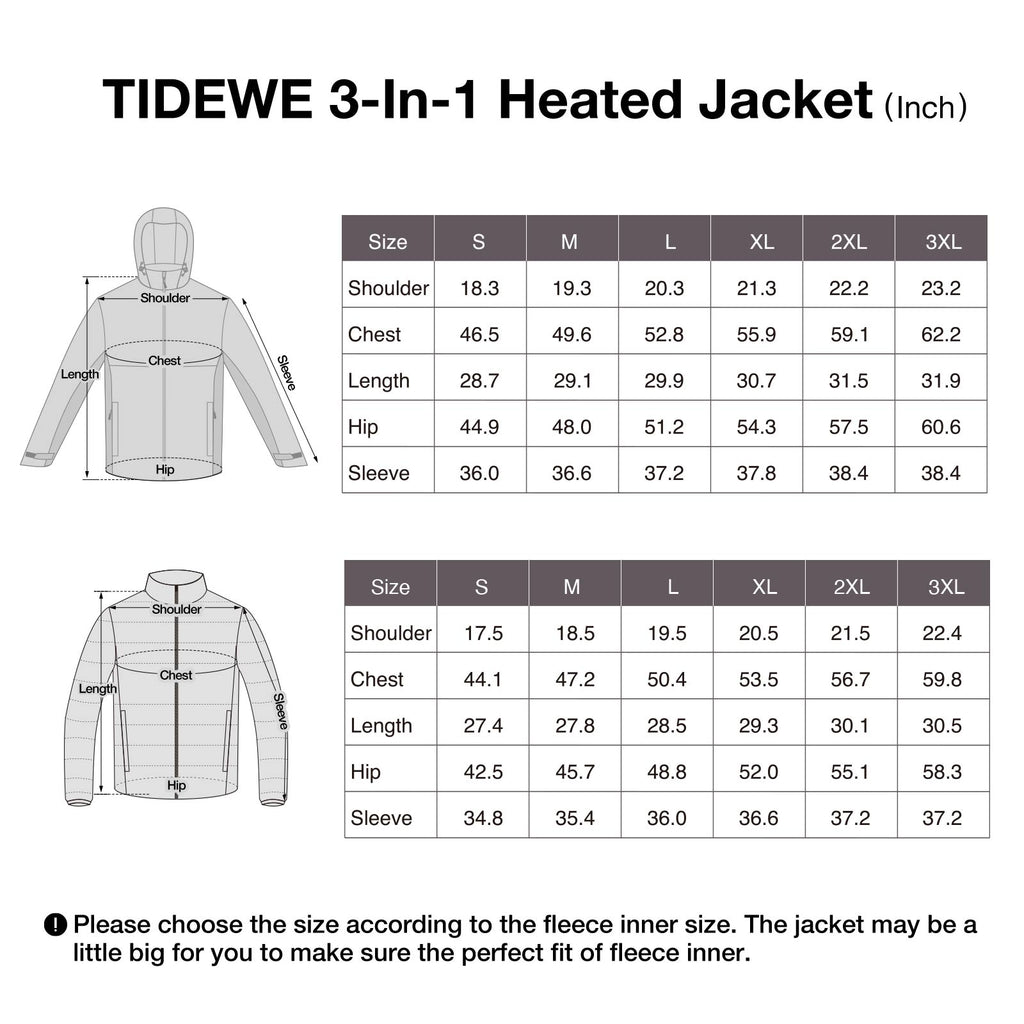 TideWe Men's 3-in-1 Heated Jacket diagram with size and clothing table.