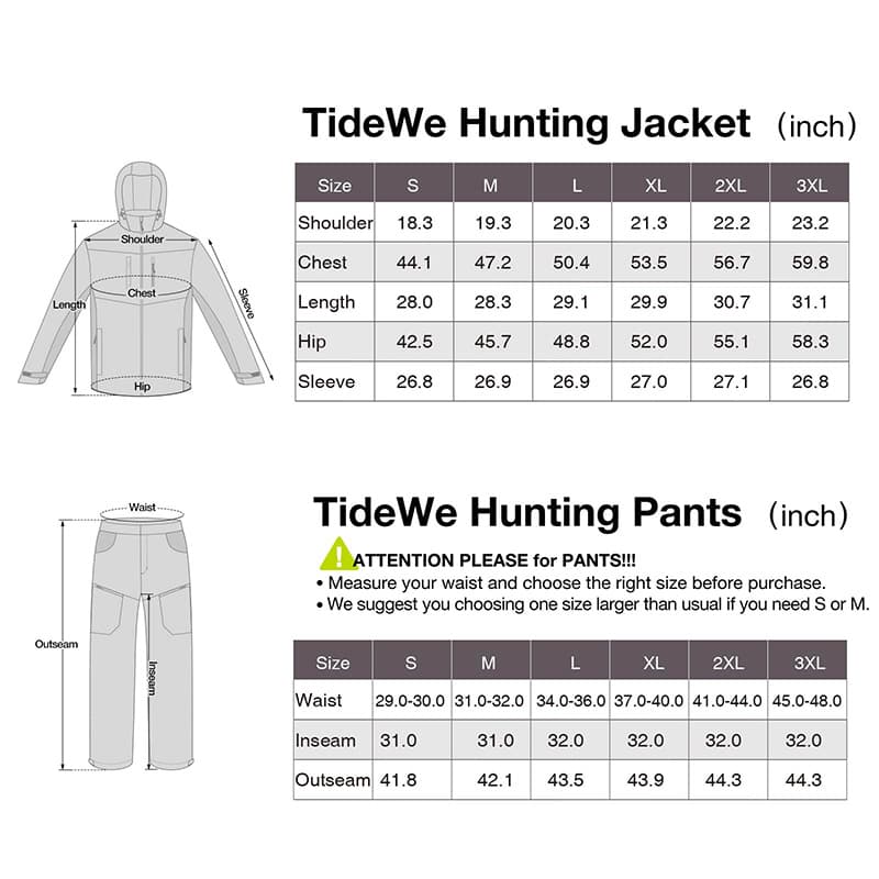 TideWe Men's Hunting Clothes size chart, white pants with pockets, and jacket diagram for outdoor activities.