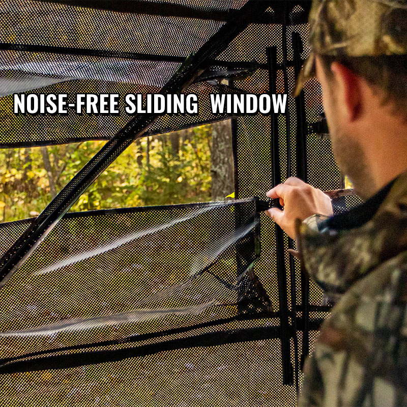 TideWe See Through Hunting Blind, 3-4 Person Pop Up Ground Deer Blind: A man spraying a window, close-up of a hand holding a black object, and a blurry hand.