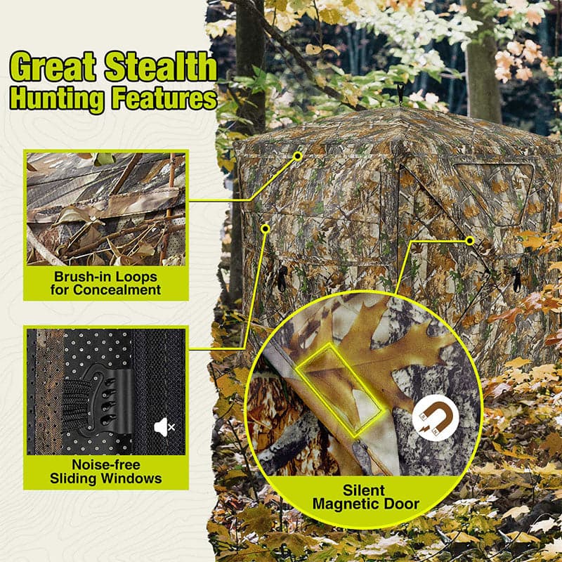 Hunting Blind with 270°See Through, Silent Magnetic Door & Sliding Windows, 2-3 Person Pop Up Ground Blind.