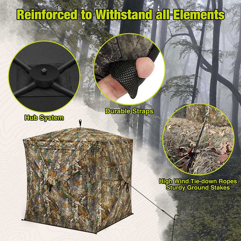 Hunting Blind 270°See Through with Silent Magnetic Door & Sliding Windows, 2-3 Person Pop Up Ground Blind with Carrying Bag, a collage of a tent, finger, camouflage tent, black object, and stick in the grass.