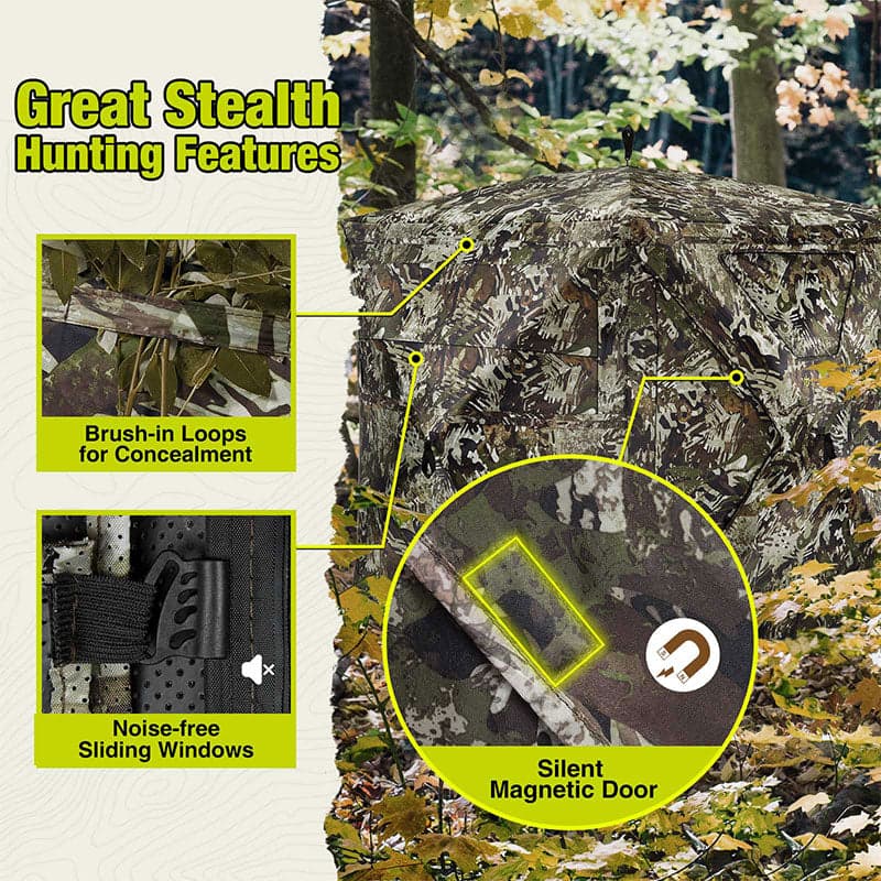 Hunting Blind with see through fabric, sliding windows, silent magnetic door, for 2-3 hunters, pop up design, portable carrying bag.