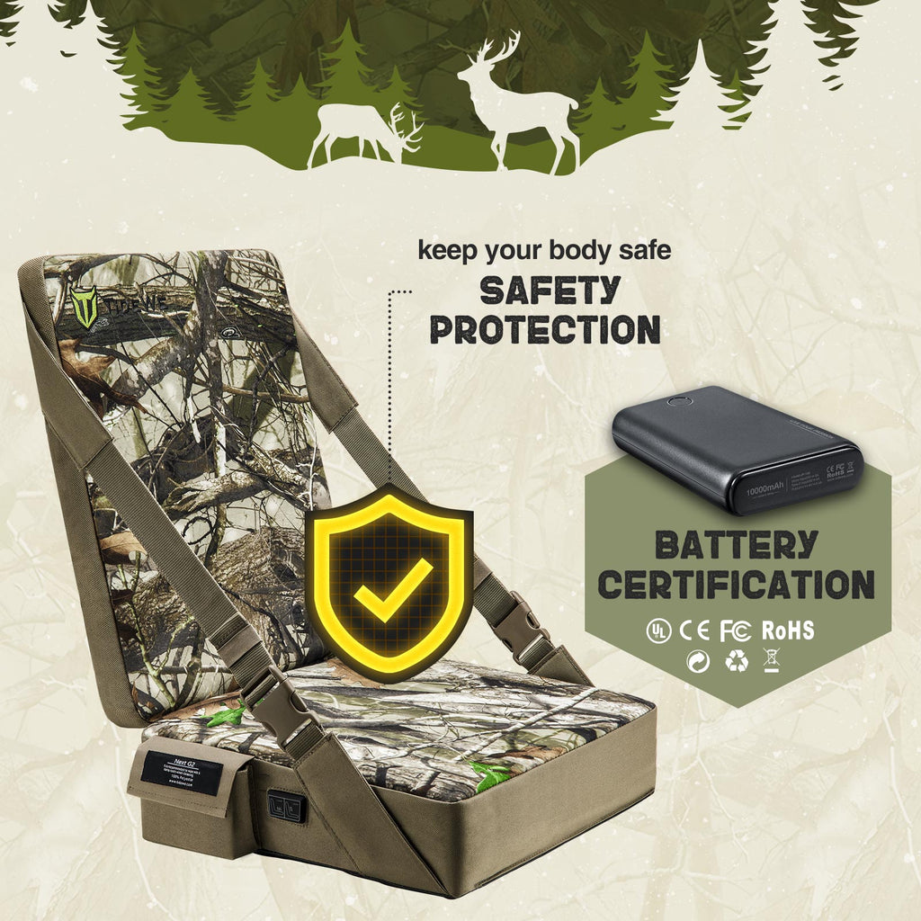Adjustable self-supporting hunting seat cushion with heating plates and smart temperature control, high-density foam, and utility straps for outdoor activities.