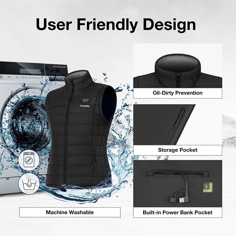 Heated vest with retractable hood and battery pack for outdoor activities.